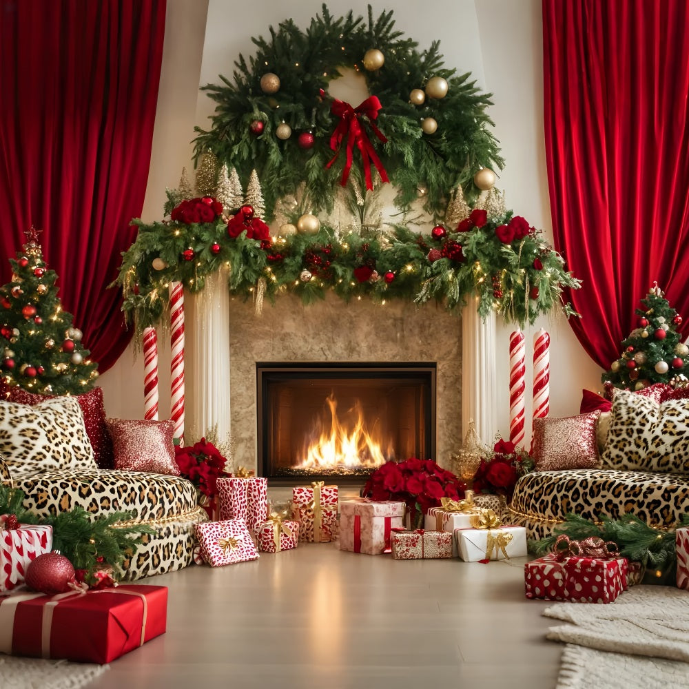 Christmas Fireplace Backdrop Elegant Red Curtain Christmas Backdrops for Photography LXX59-174