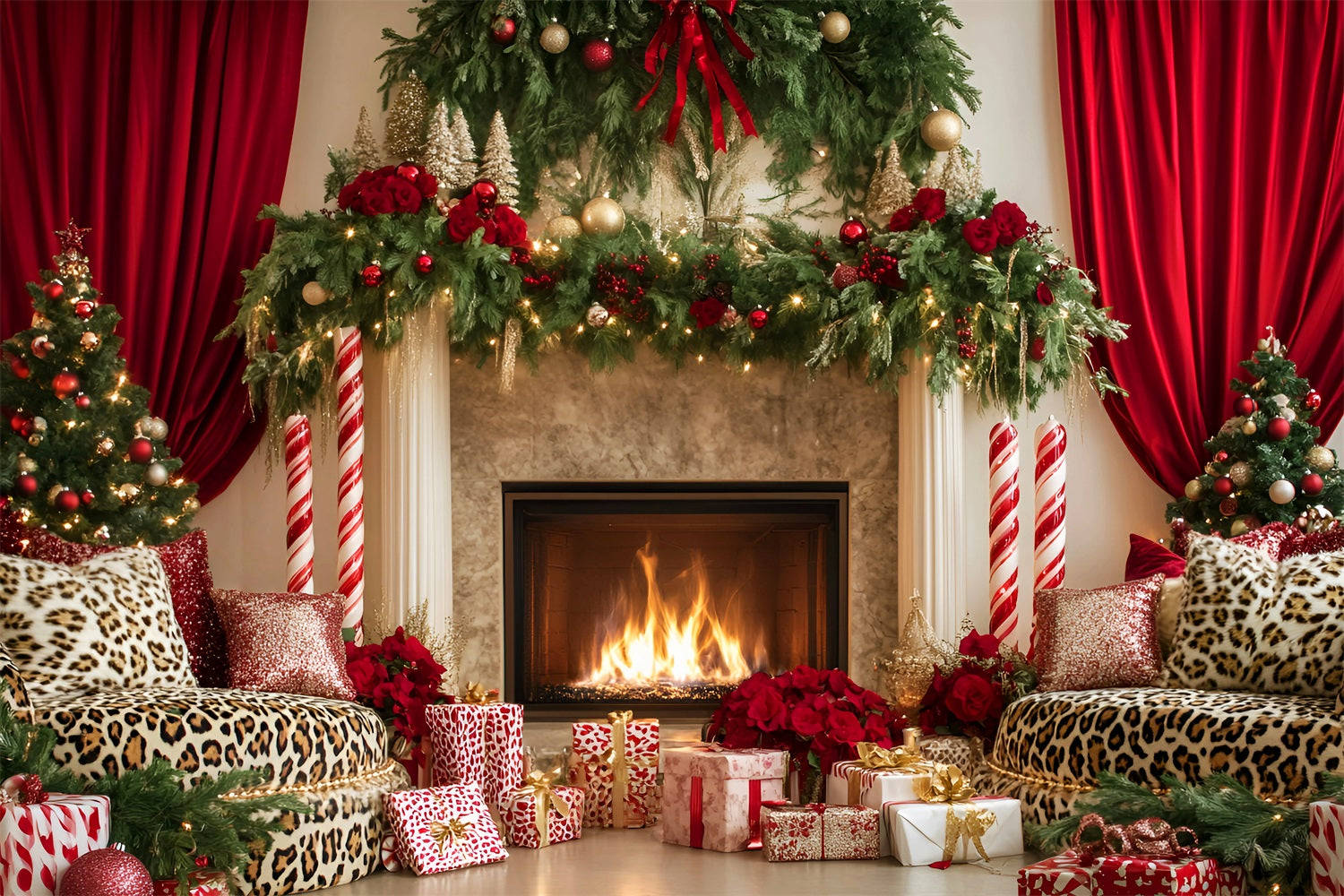 Christmas Fireplace Backdrop Elegant Red Curtain Christmas Backdrops for Photography LXX59-174