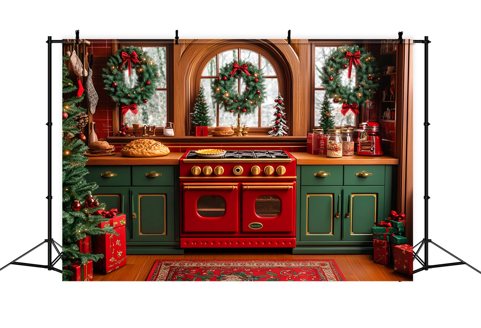 Christmas Kitchen Backdrop Festive Wreaths Oven Christmas Photo Backdrops LXX59-175