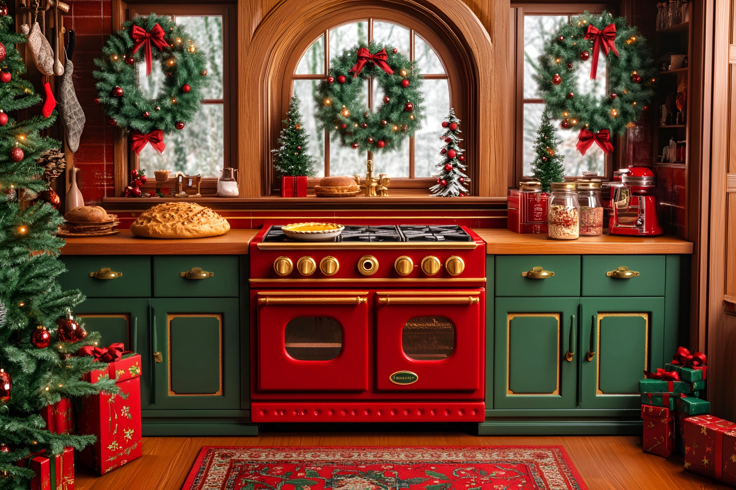 Christmas Kitchen Backdrop Festive Wreaths Oven Christmas Photo Backdrops LXX59-175