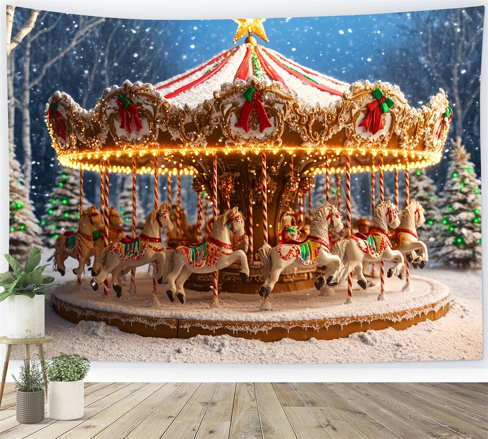 Gingerbread Backdrop Snowy Carousel Horse Ride Christmas Photography B