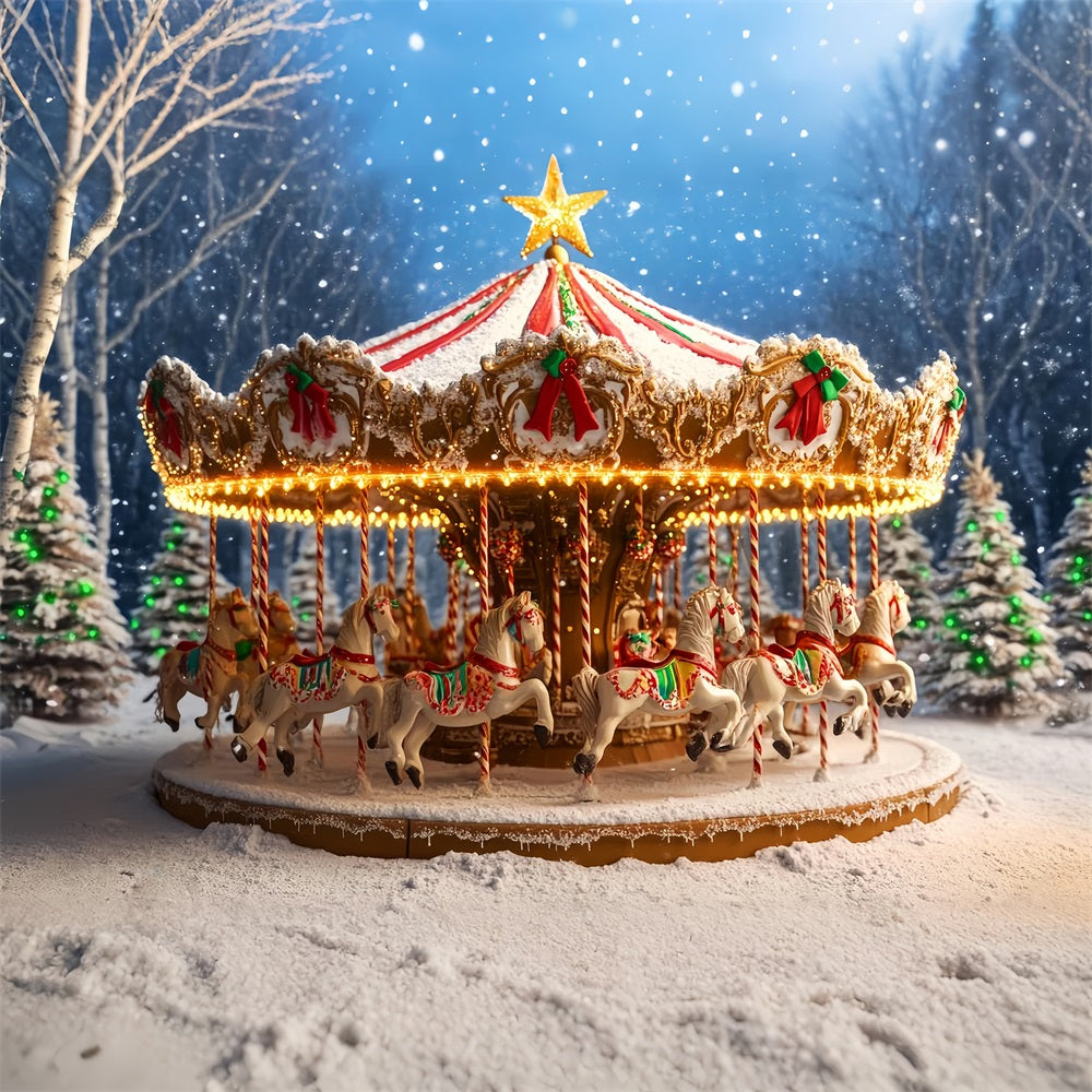 Gingerbread Backdrop Snowy Carousel Horse Ride Christmas Photography Backdrops LXX59-177
