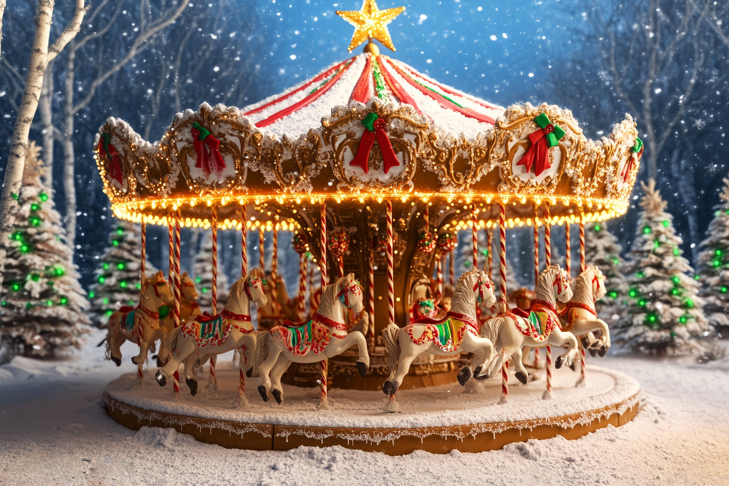 Gingerbread Backdrop Snowy Carousel Horse Ride Christmas Photography Backdrops LXX59-177