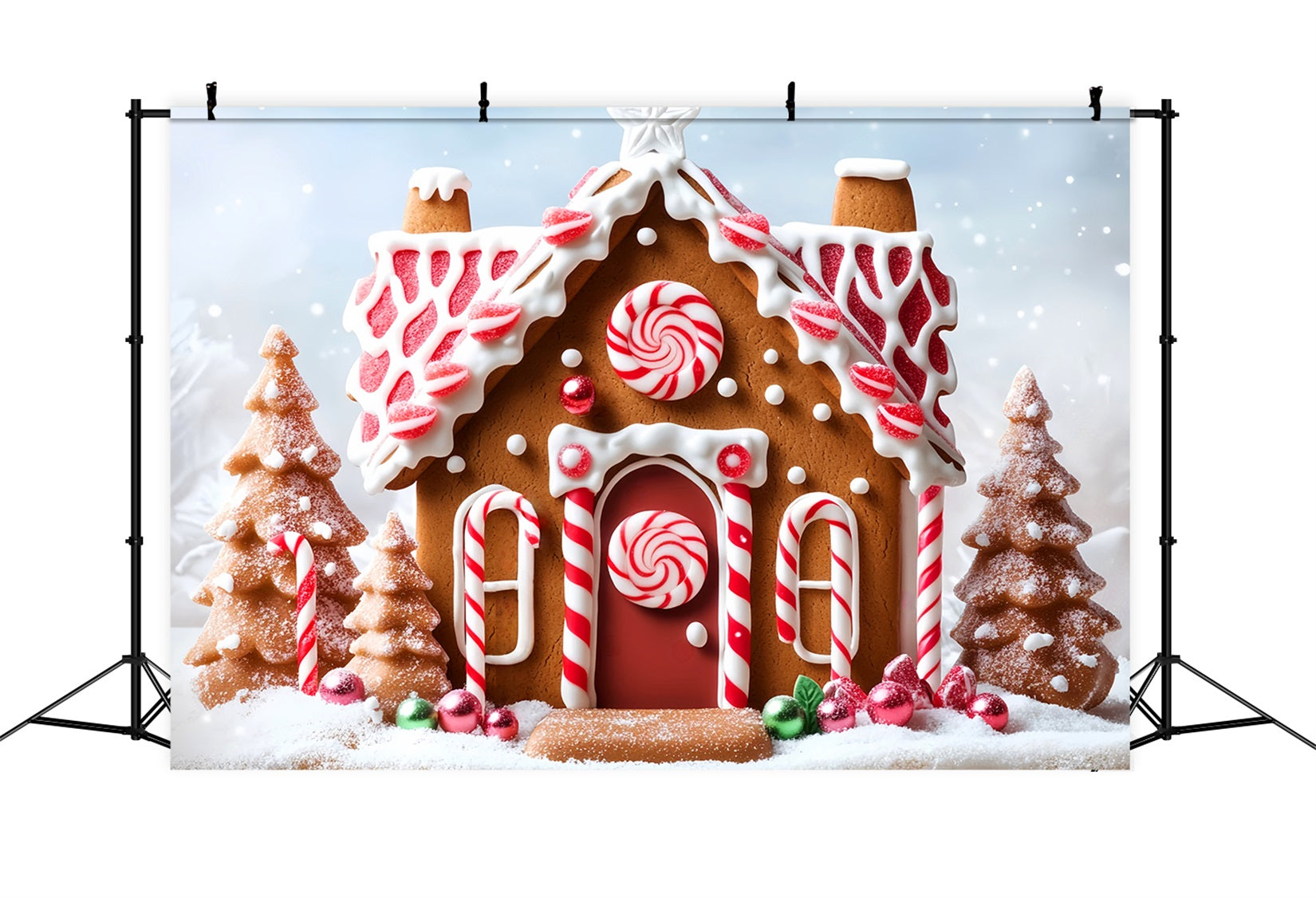 Gingerbread House Backdrop Snow Candy Peppermint Christmas Backdrop Ideas LXX59-178
