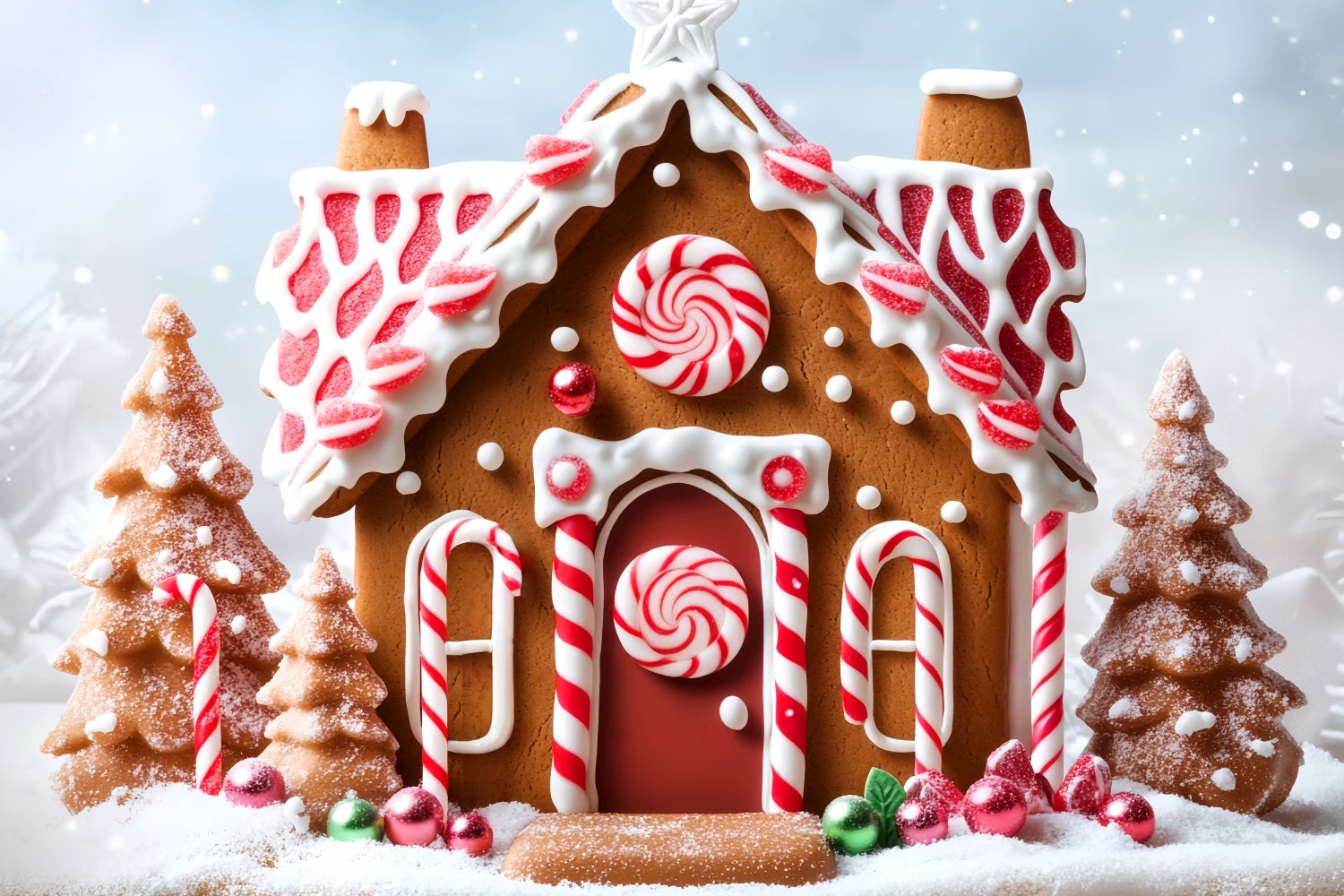 Gingerbread House Backdrop Snow Candy Peppermint Christmas Backdrop Ideas LXX59-178