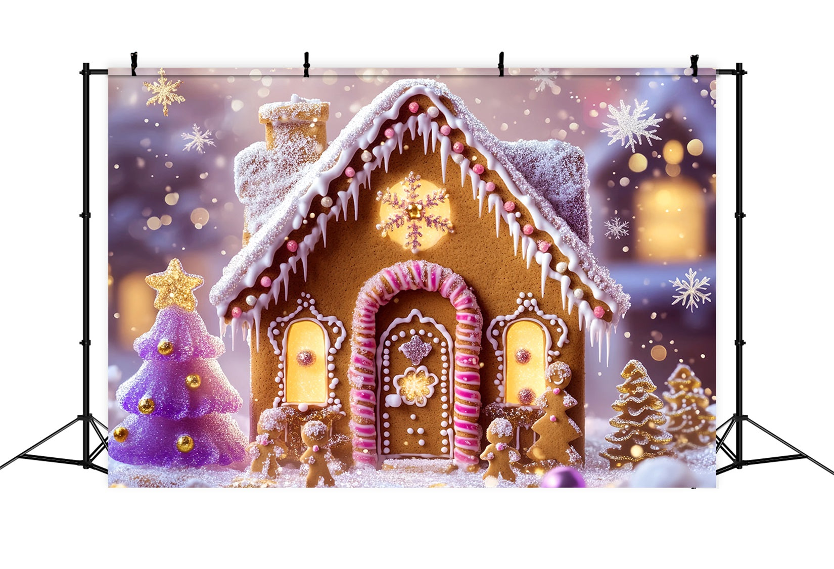 Gingerbread House Backdrop Glittering Gingerbread Cottage Lights Christmas Backdrops LXX59-179