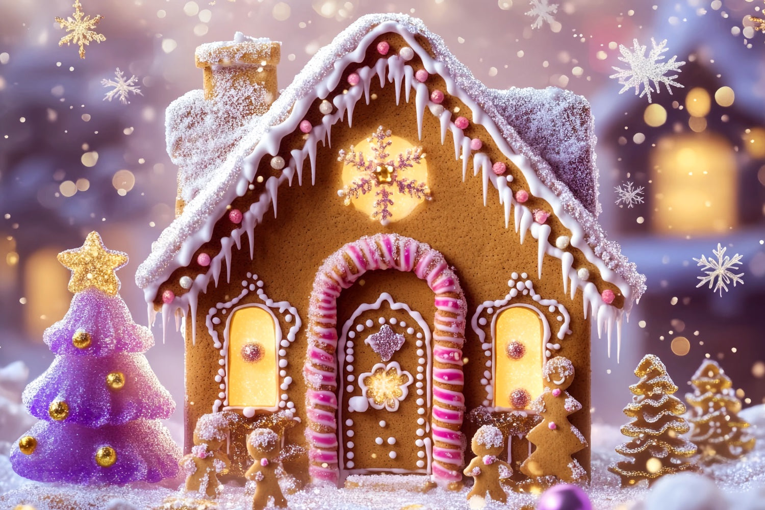 Gingerbread House Backdrop Glittering Gingerbread Cottage Lights Christmas Backdrops LXX59-179