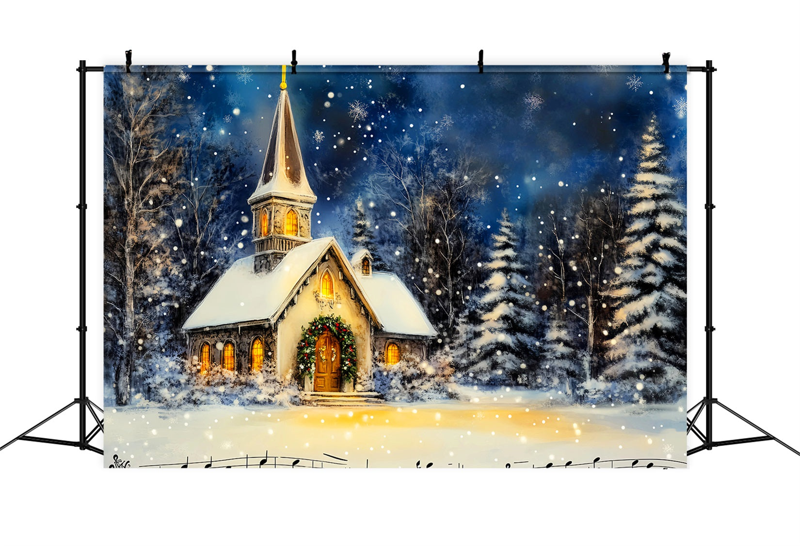 Christmas Church Backdrop Snowy Winter Night Christmas Backdrop for Photos LXX59-184