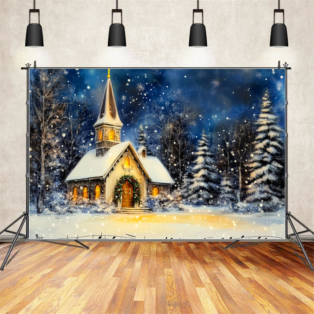 Christmas Church Backdrop Snowy Winter Night Christmas Backdrop for Photos LXX59-184
