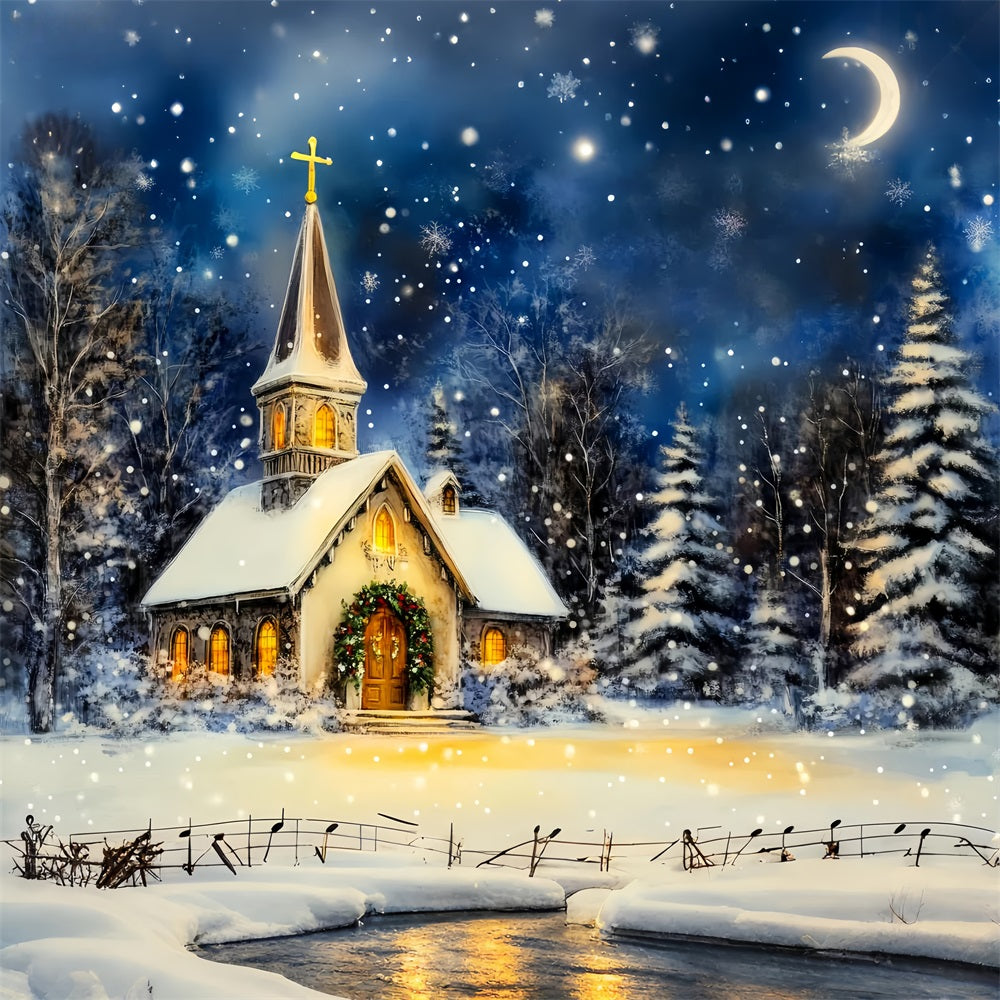 Christmas Church Backdrop Snowy Winter Night Christmas Backdrop for Photos LXX59-184