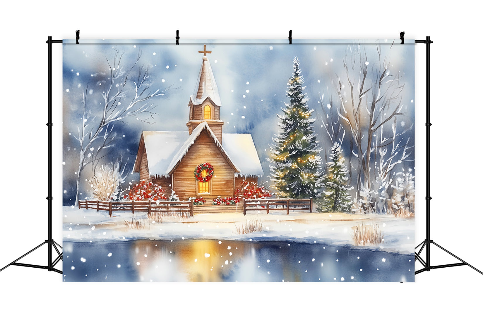 Christmas Church Backdrop Snowy Chapel Lakeside Reflection Christmas Backdrops LXX59-185