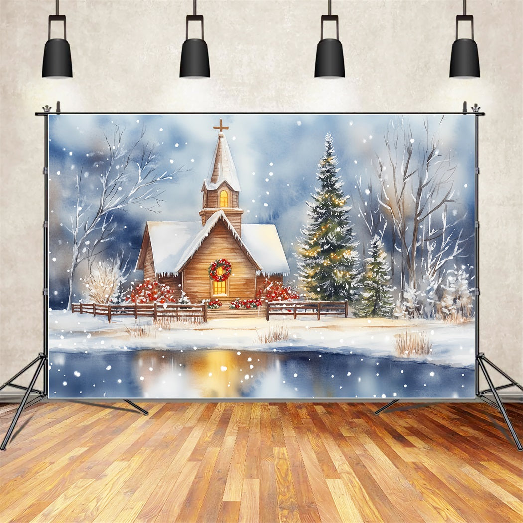 Christmas Church Backdrop Snowy Chapel Lakeside Reflection Christmas Backdrops LXX59-185
