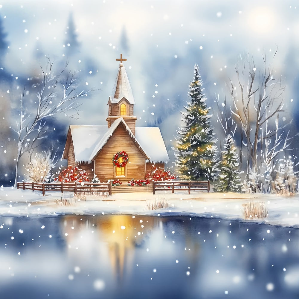 Christmas Church Backdrop Snowy Chapel Lakeside Reflection Christmas Backdrops LXX59-185