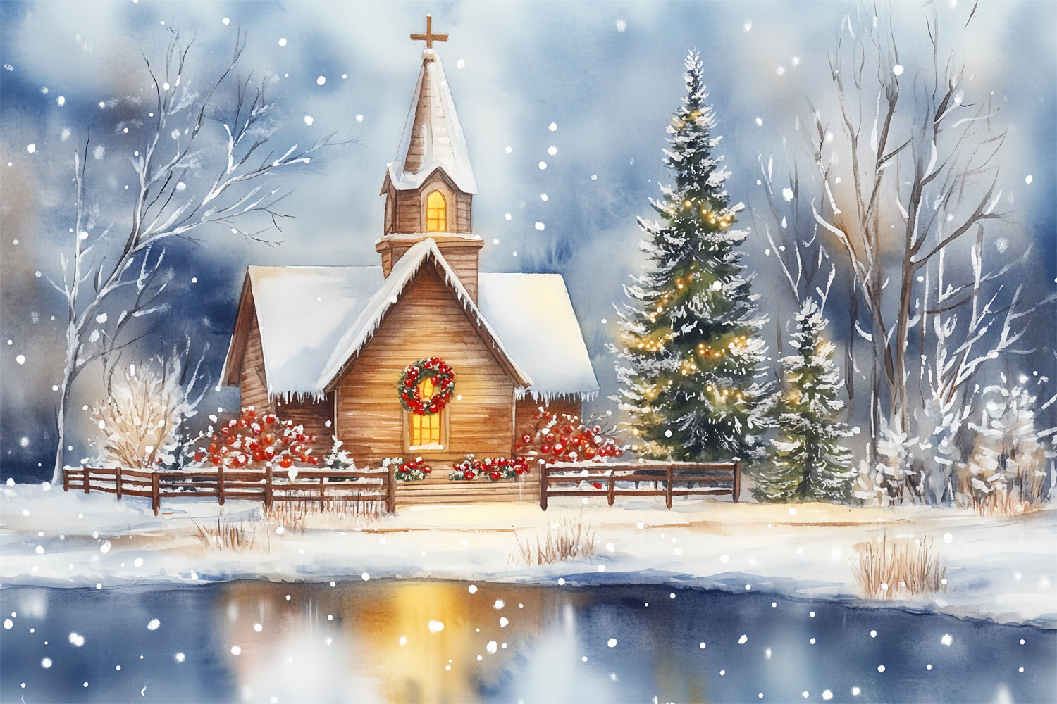 Christmas Church Backdrop Snowy Chapel Lakeside Reflection Christmas Backdrops LXX59-185