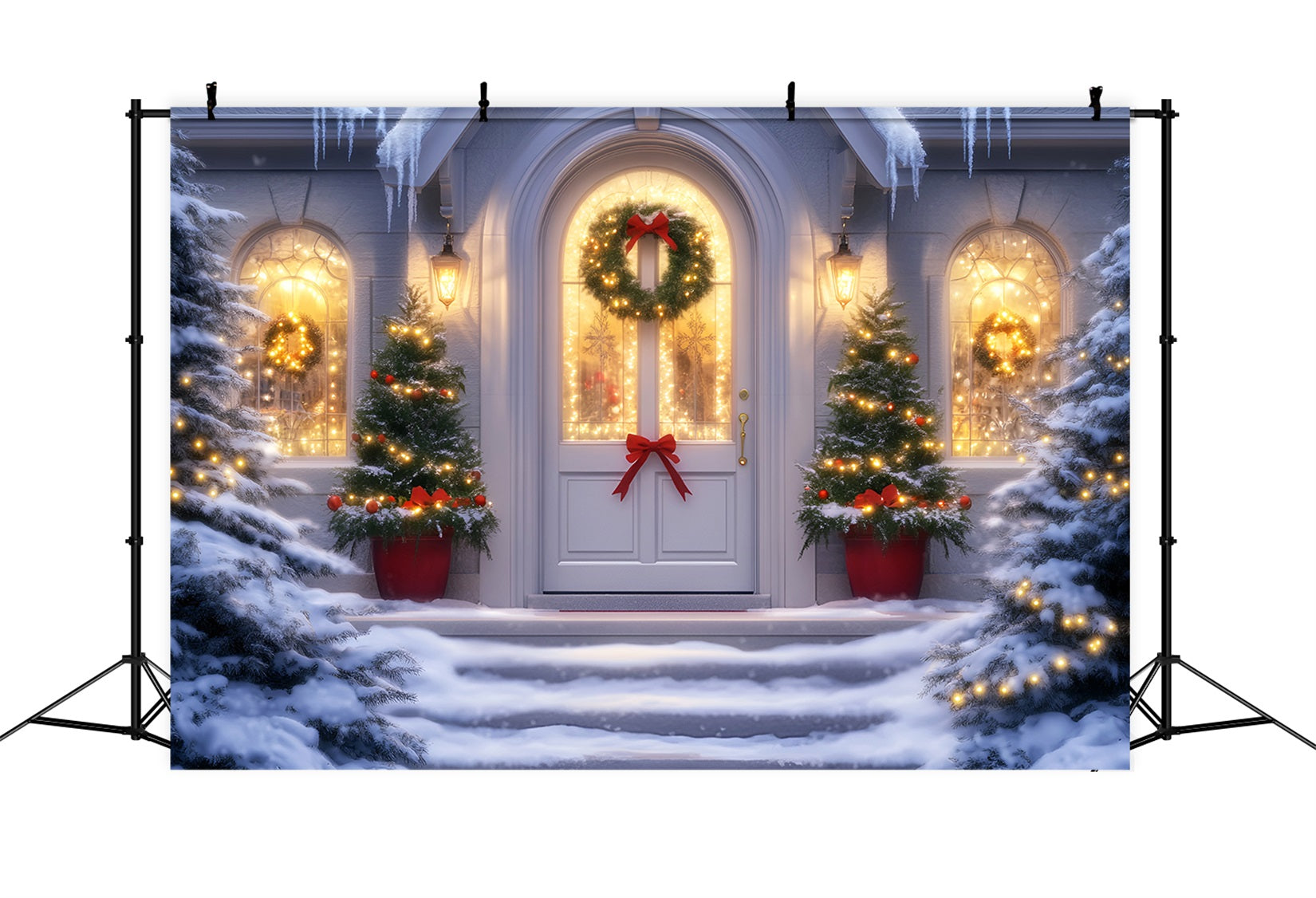 Christmas Church Backdrop Festive Doorway Wreath Lights Christmas Backdrops Sale LXX59-187