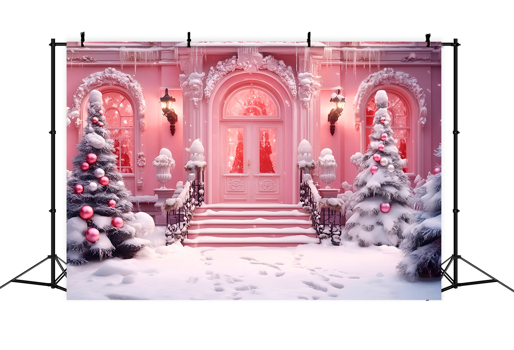 Toy Store Backdrop Christmas Shop Snowy Entrance Pink Christmas Backdrop LXX59-190