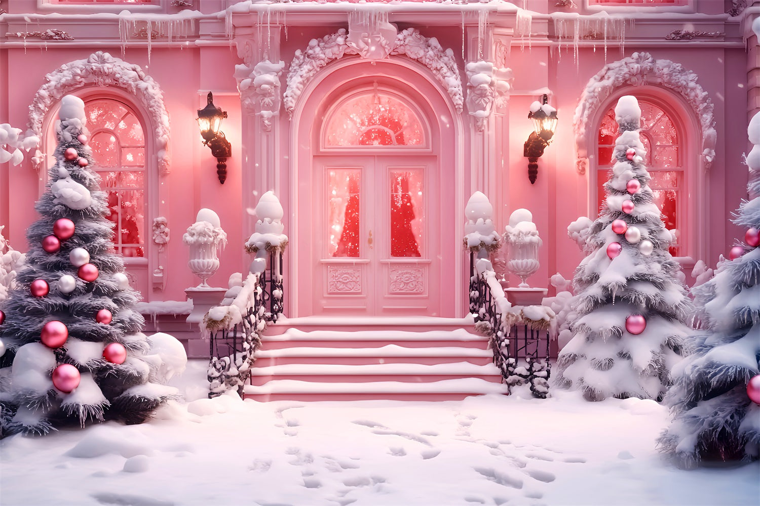 Toy Store Backdrop Christmas Shop Snowy Entrance Pink Christmas Backdrop LXX59-190