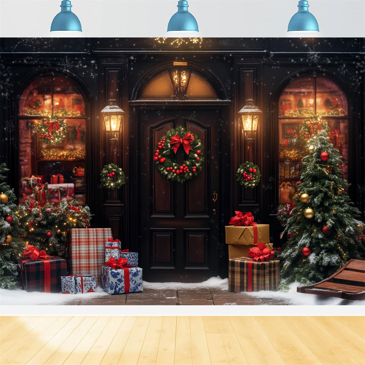 Christmas Village Backdrop Warm Lights Snowy Entrance Christmas Photo Backdrop LXX59-193