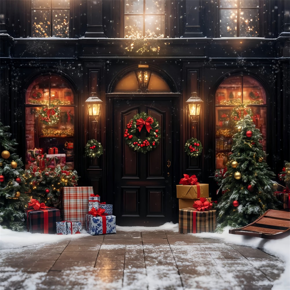 Christmas Village Backdrop Warm Lights Snowy Entrance Christmas Photo Backdrop LXX59-193