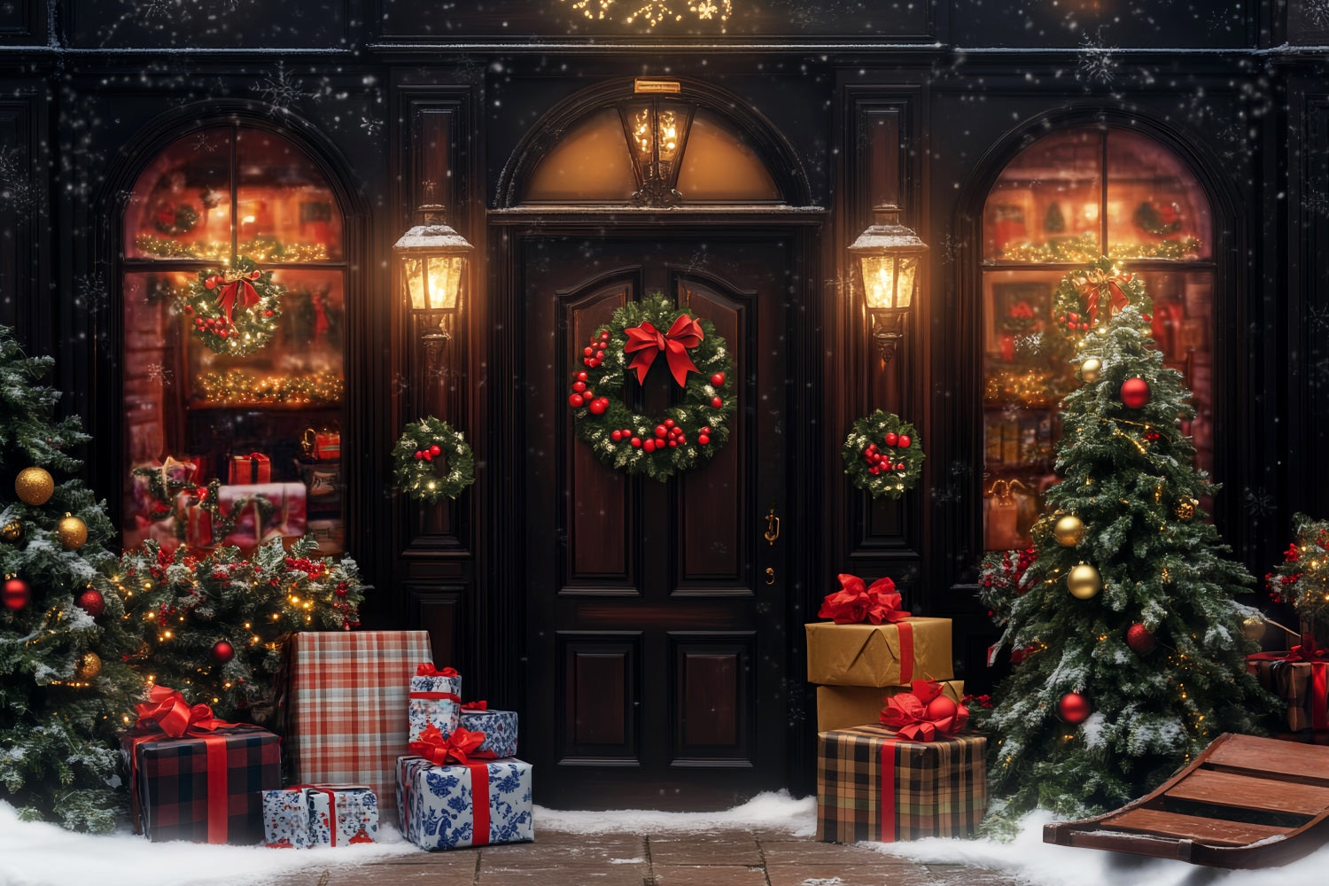 Christmas Village Backdrop Warm Lights Snowy Entrance Christmas Photo Backdrop LXX59-193