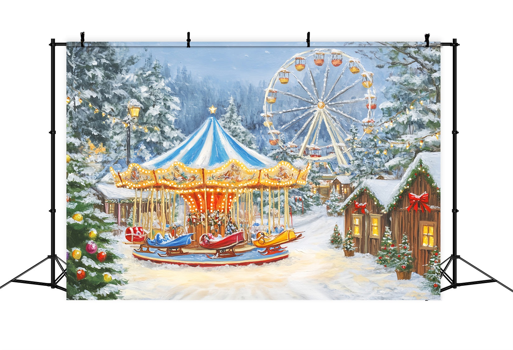 Christmas Village Backdrop Winter Carnival Carousel Lights Christmas Photo Backdrop LXX59-194