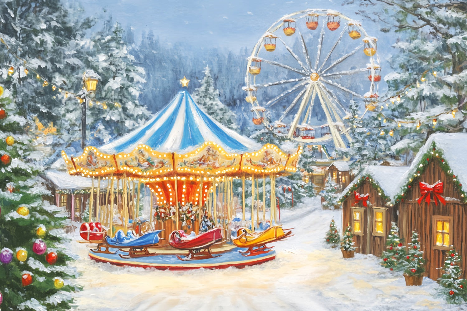 Christmas Village Backdrop Winter Carnival Carousel Lights Christmas Photo Backdrop LXX59-194