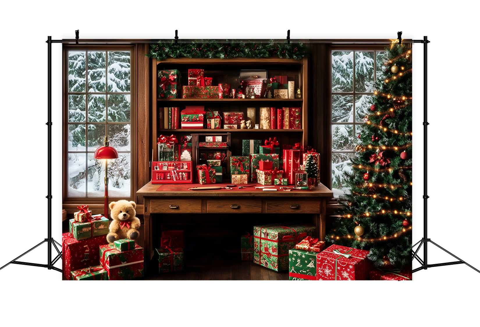 Santa Backdrop Gift Wrapped Cozy Study Room Christmas Backdrops for Photography LXX59-195
