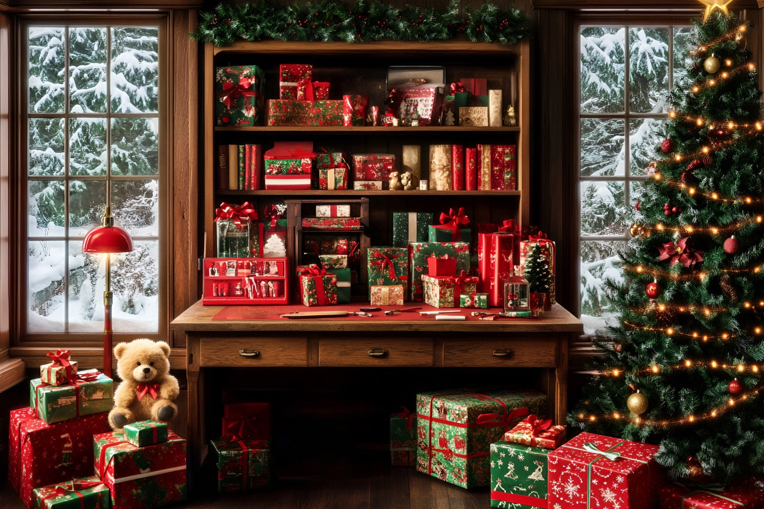 Santa Backdrop Gift Wrapped Cozy Study Room Christmas Backdrops for Photography LXX59-195
