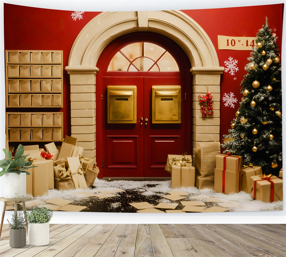 Santa Backdrop Golden Mailbox Holiday Door Christmas Photo Backdrops LXX59-196