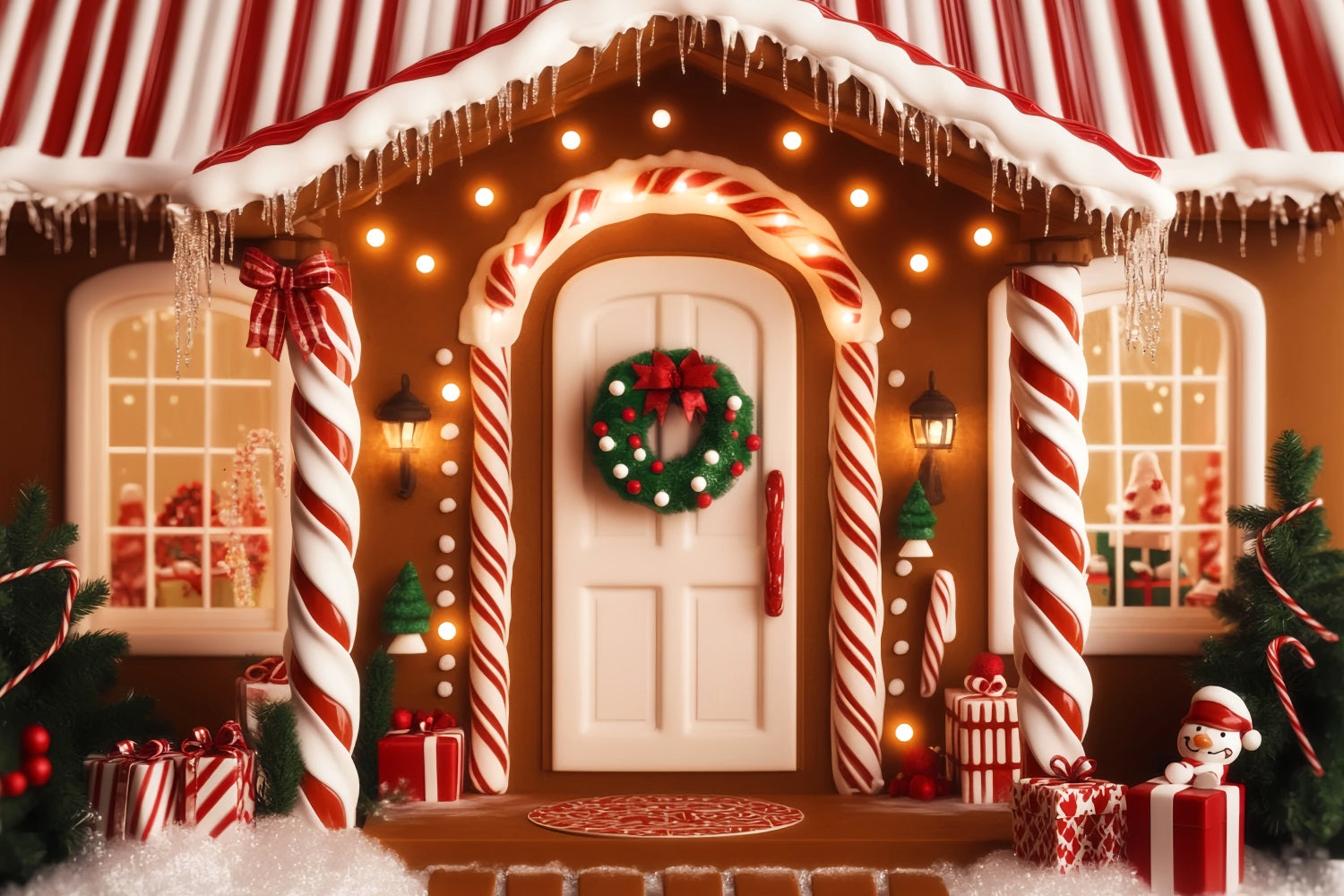 Gingerbread House Backdrop Candy Cane Gingerbread Porch Christmas Backdrops LXX59-197