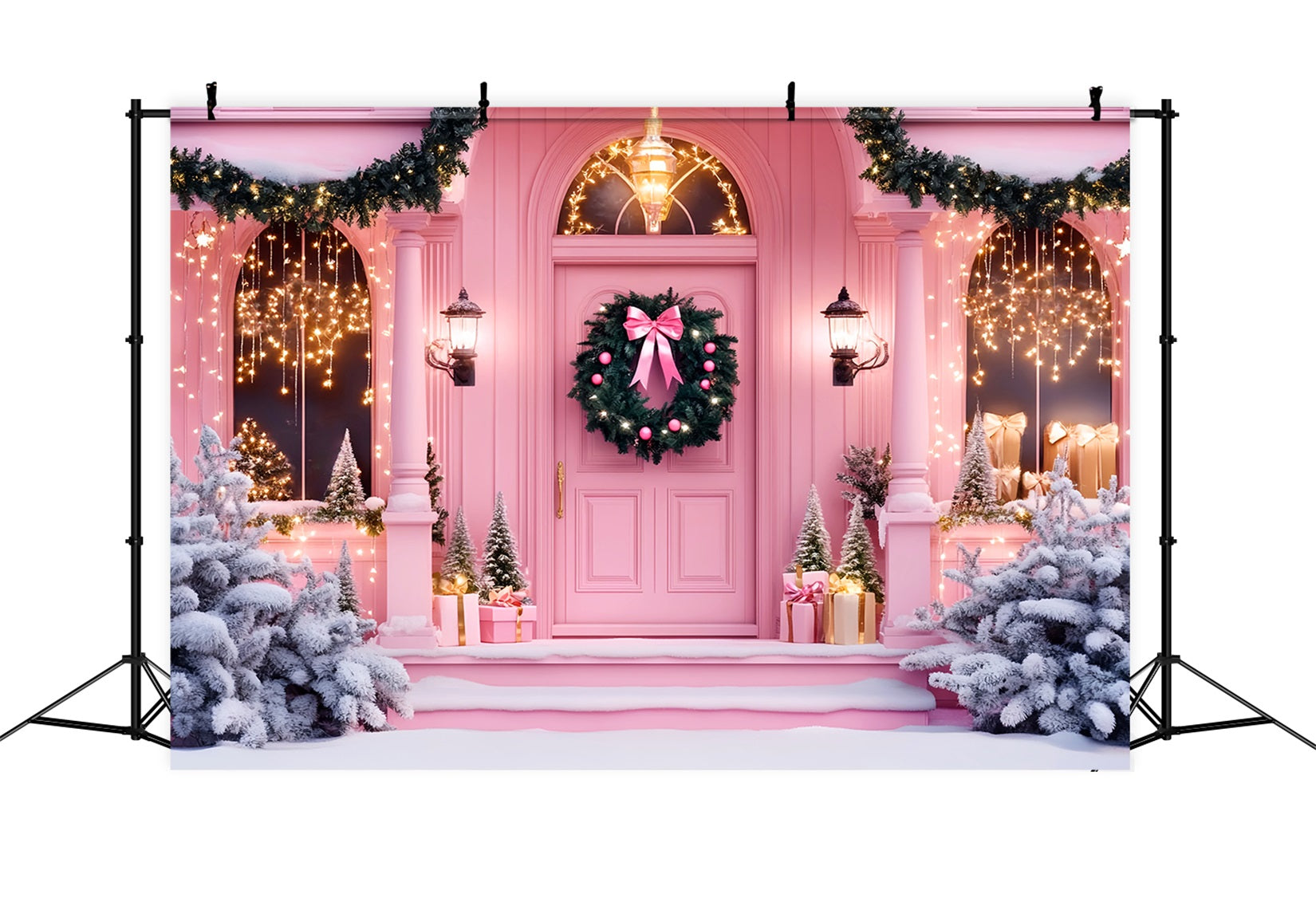 Pink Christmas Backdrop Holiday Door Entrance Christmas Photography Backdrops LXX59-198