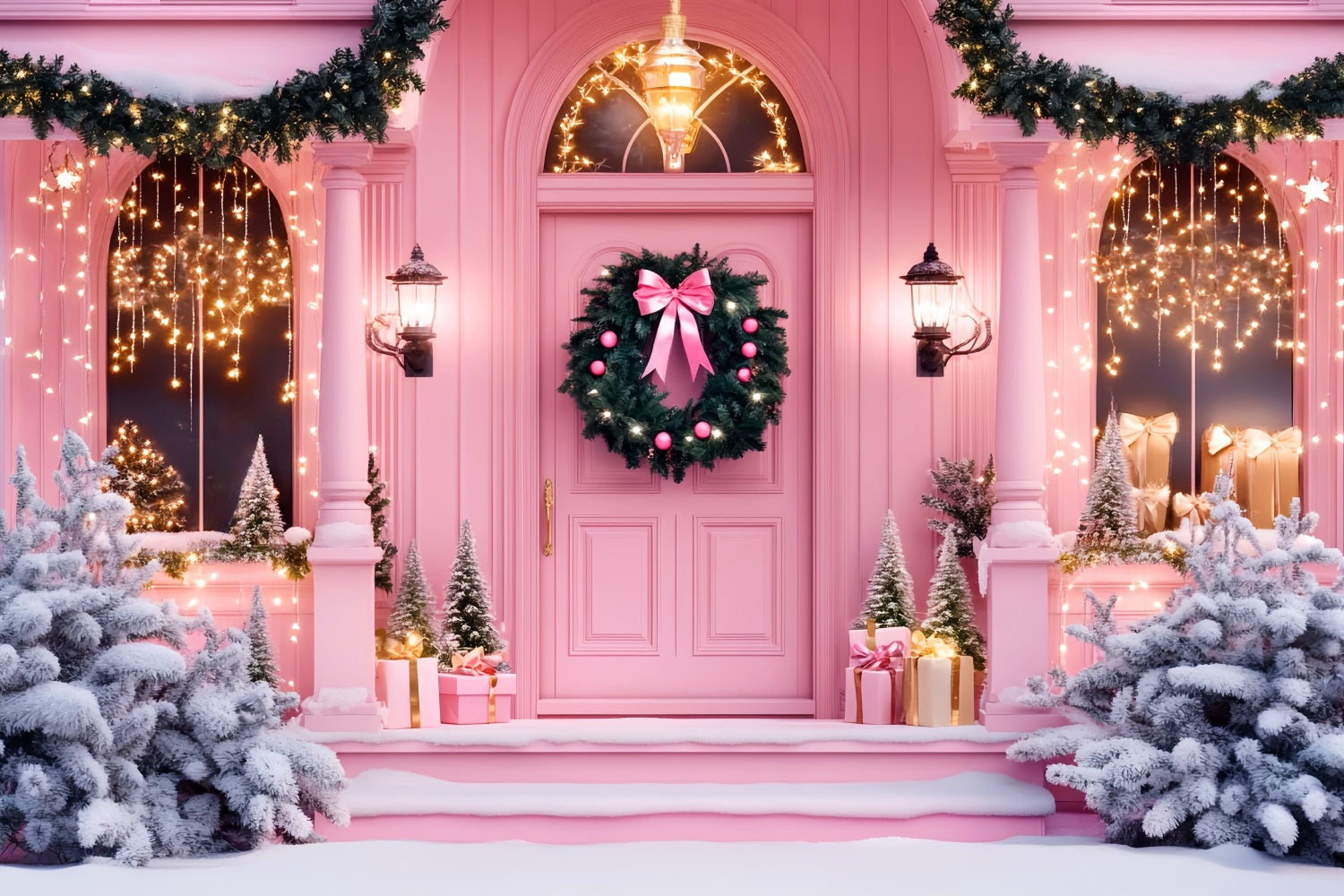 Pink Christmas Backdrop Holiday Door Entrance Christmas Photography Backdrops LXX59-198