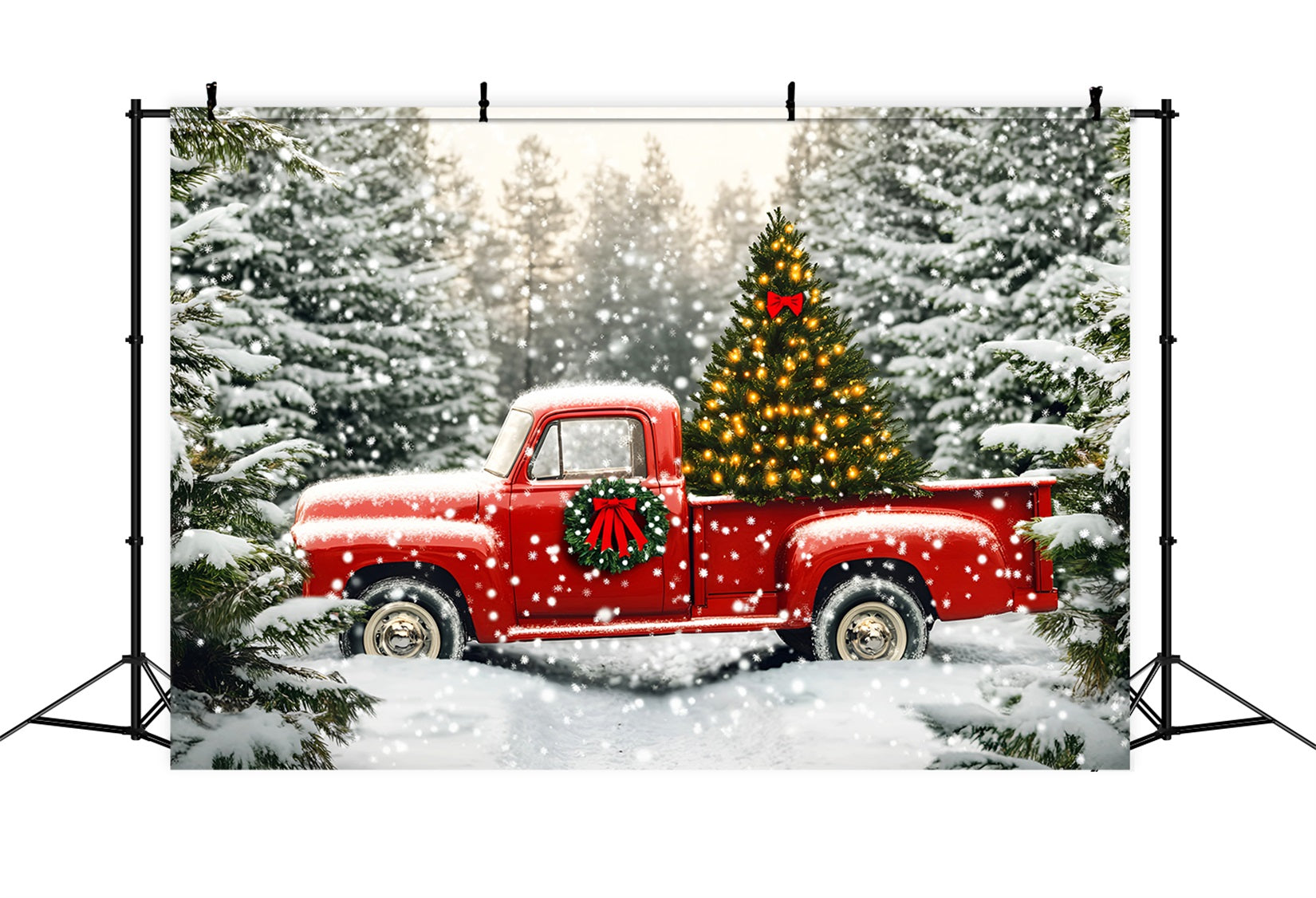 Tree Farm Backdrop Red Truck Snowy Christmas Tree Christmas Backdrop Ideas LXX59-199