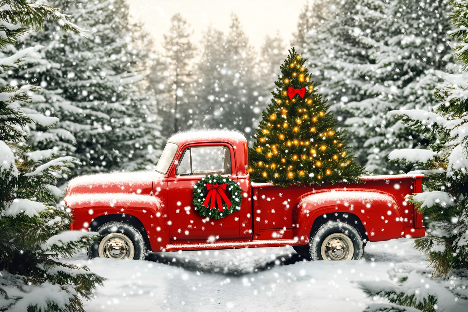 Tree Farm Backdrop Red Truck Snowy Christmas Tree Christmas Backdrop Ideas LXX59-199