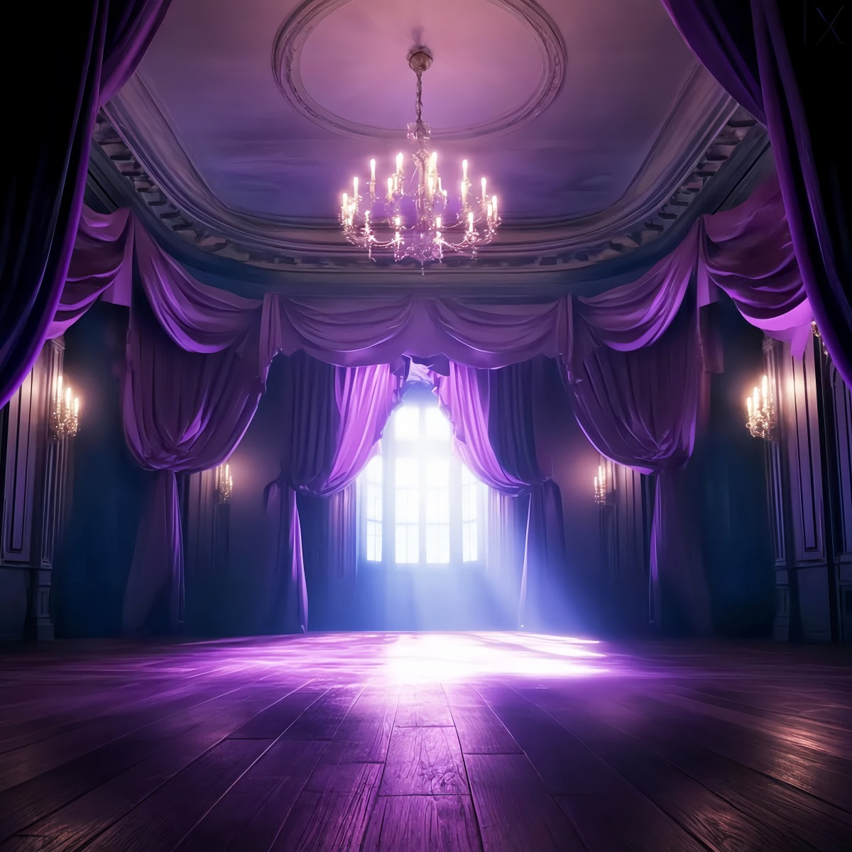 Dance Studio Backdrop Purple Curtain Chandelier Glow Dance Backdrops LXX59-2