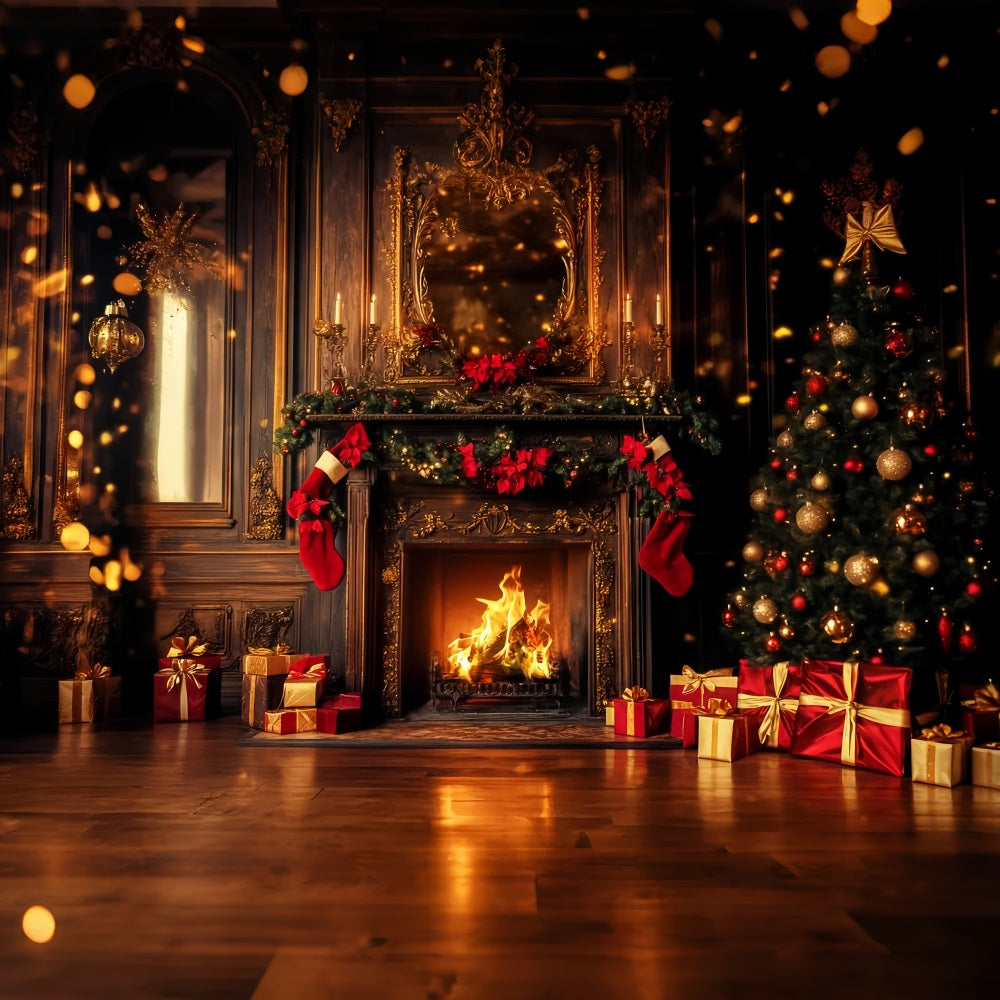 Red Christmas Backdrop Golden Fireplace Stockings Glow Christmas Backdrop LXX59-202