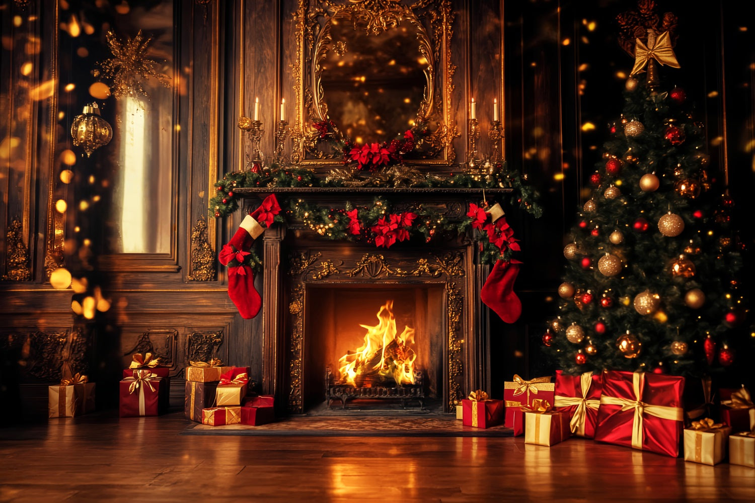 Red Christmas Backdrop Golden Fireplace Stockings Glow Christmas Backdrop LXX59-202