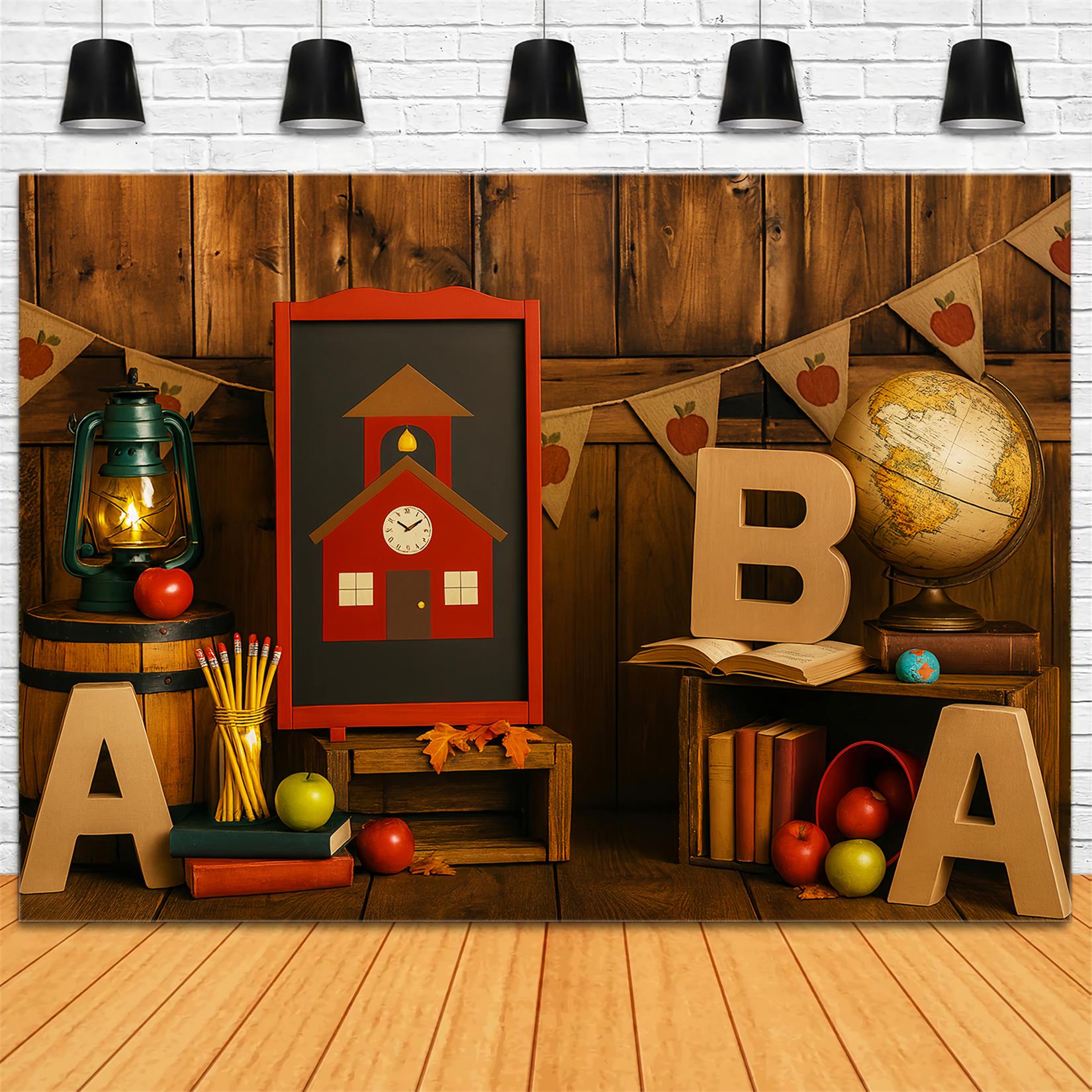 Back To School Backdrop Rustic Classroom Globe Apples School Picture Backdrop LXX59-207
