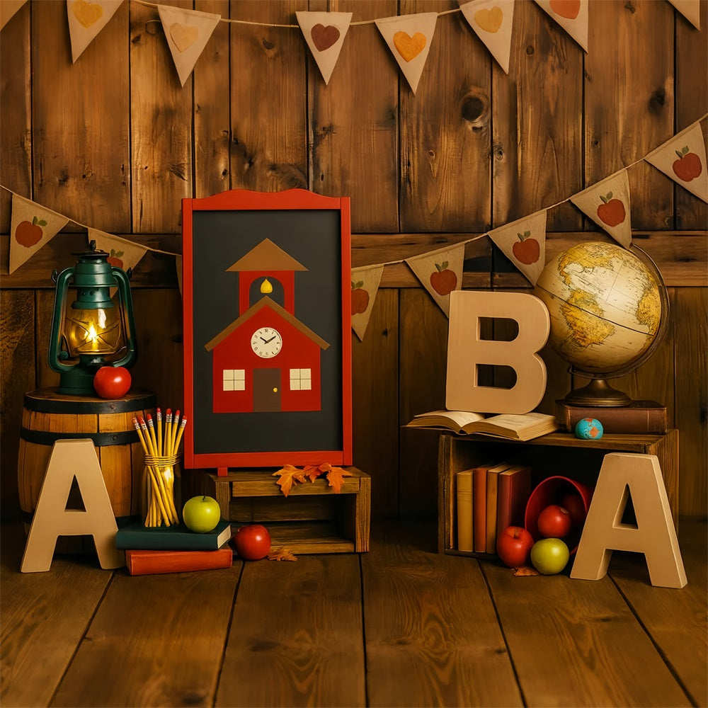 Back To School Backdrop Rustic Classroom Globe Apples School Picture Backdrop LXX59-207