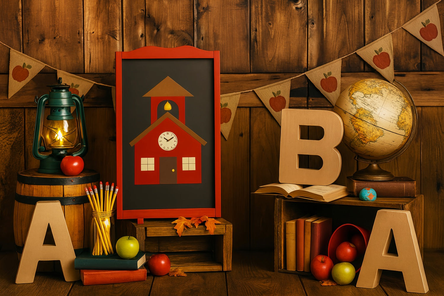 Back To School Backdrop Rustic Classroom Globe Apples School Picture Backdrop LXX59-207