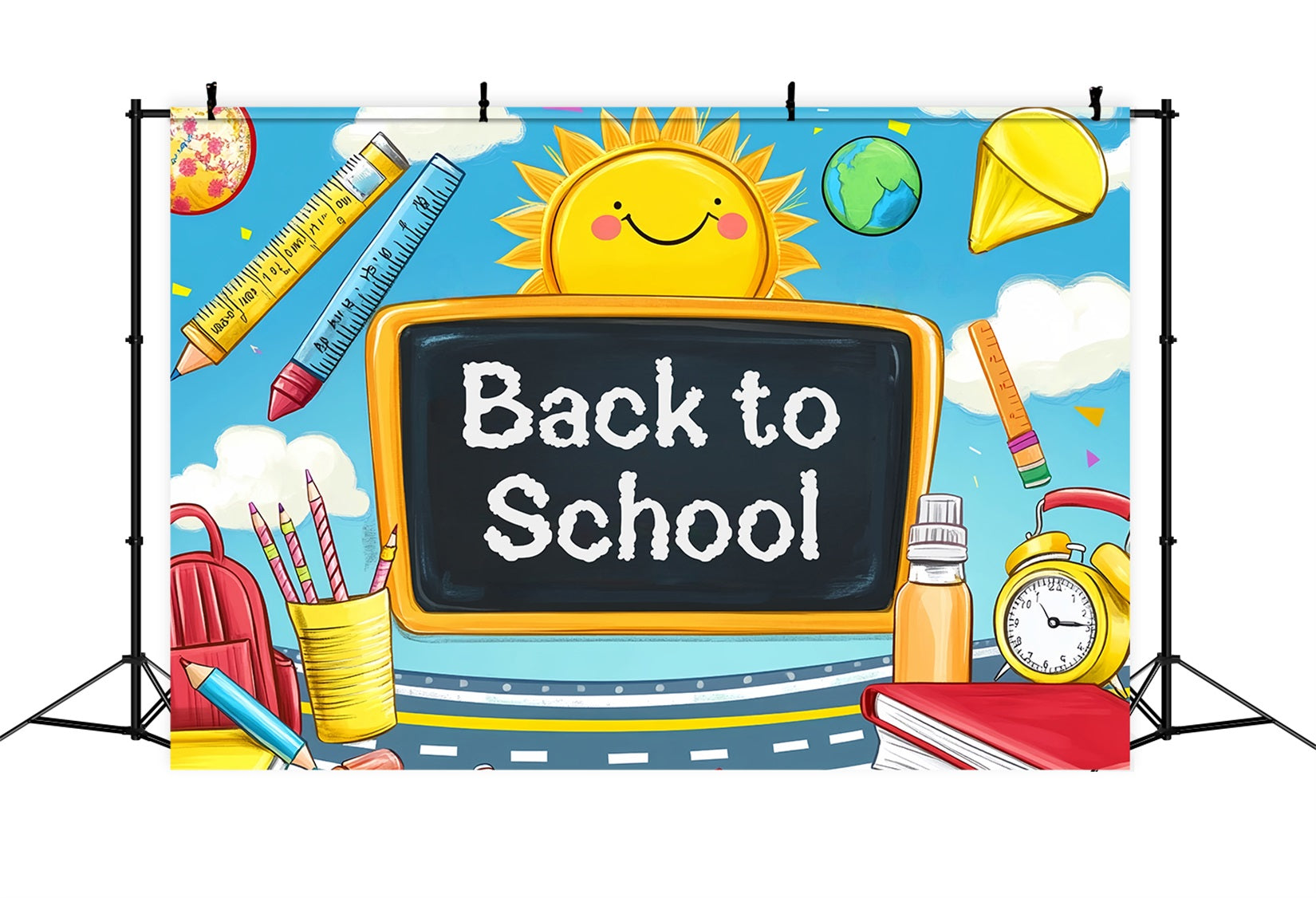 Back To School Backdrop Cartoon Blackboard Sun Supplies Preschool Photo Backdrops LXX59-208