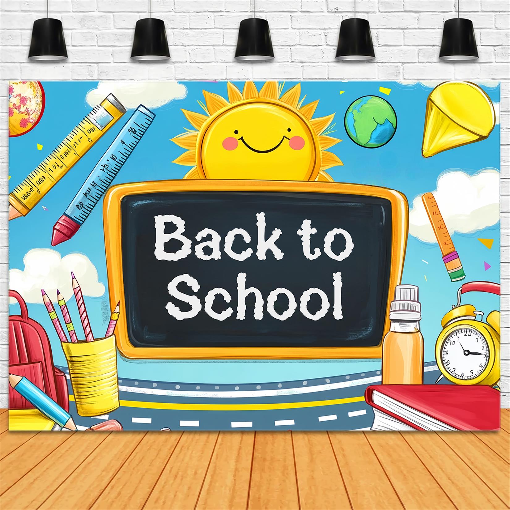 Back To School Backdrop Cartoon Blackboard Sun Supplies Preschool Photo Backdrops LXX59-208