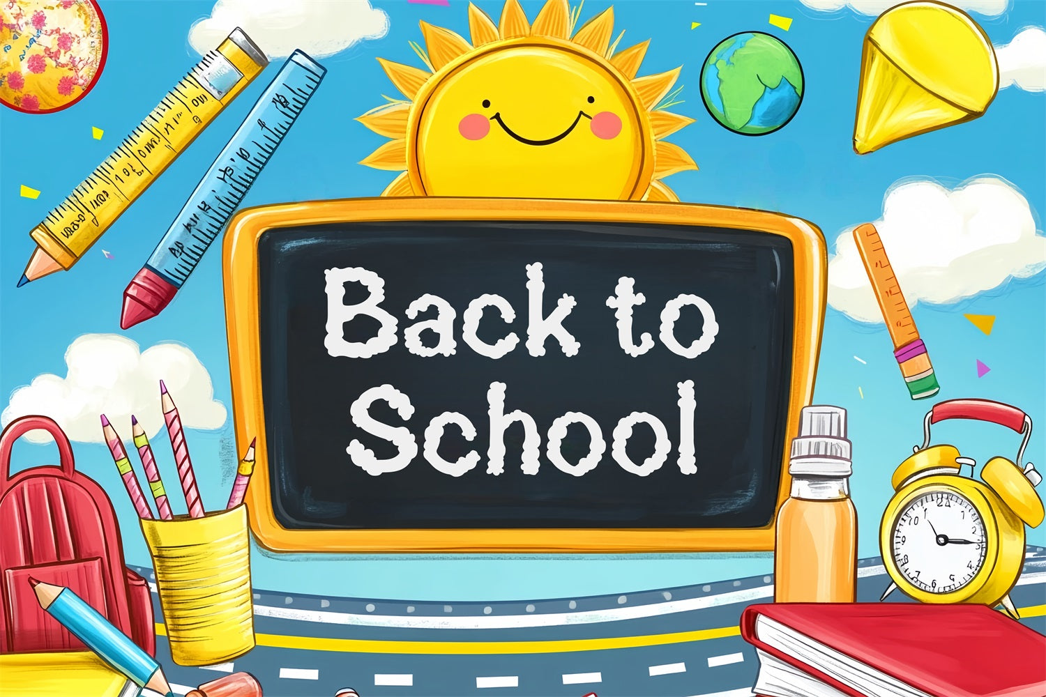 Back To School Backdrop Cartoon Blackboard Sun Supplies Preschool Photo Backdrops LXX59-208