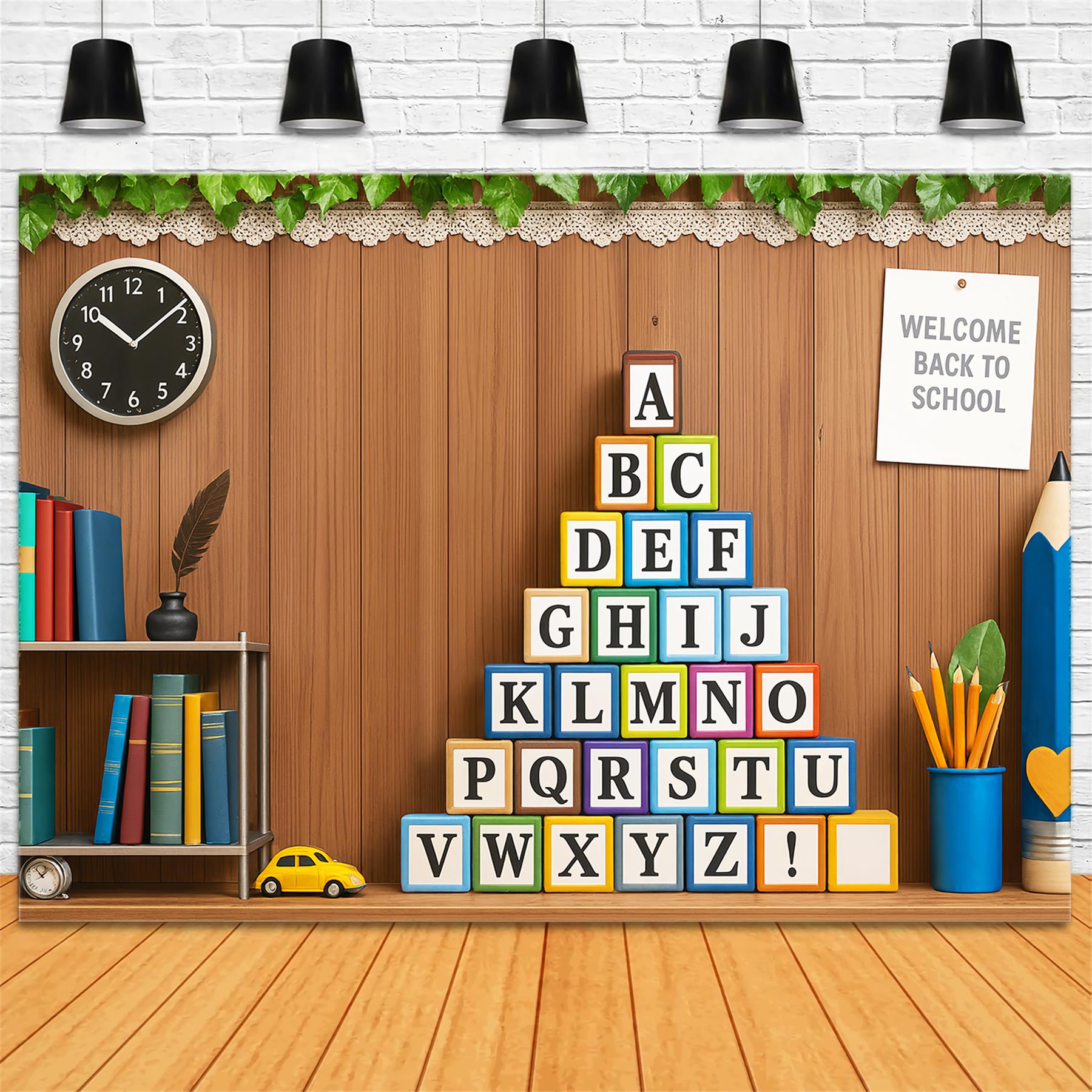 Back To School Backdrop Alphabet Blocks Wooden Classroom Preschool Backdrop LXX59-210