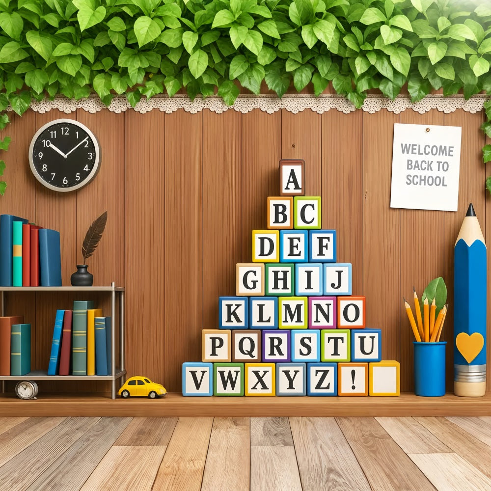 Back To School Backdrop Alphabet Blocks Wooden Classroom Preschool Backdrop LXX59-210