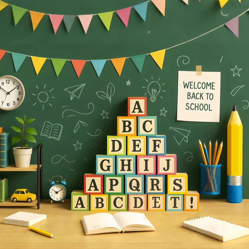 Back To School Backdrop Green Chalkboard Alphabet Blocks Preschool Backdrop LXX59-211