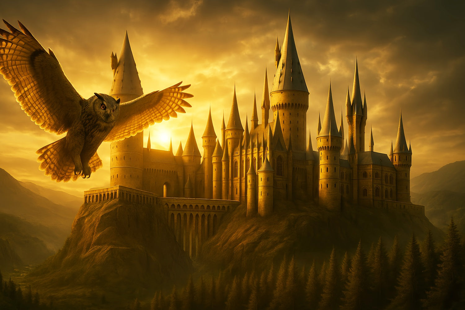 Back To School Backdrop Golden Castle Flying Owl School Picture Backdrop LXX59-213