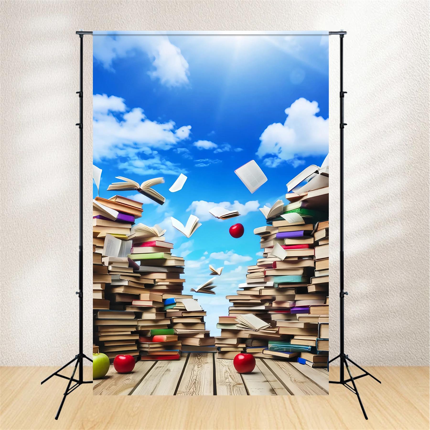 School Backdrop Sky Floating Books Apples Back To School Backdrop LXX59-215