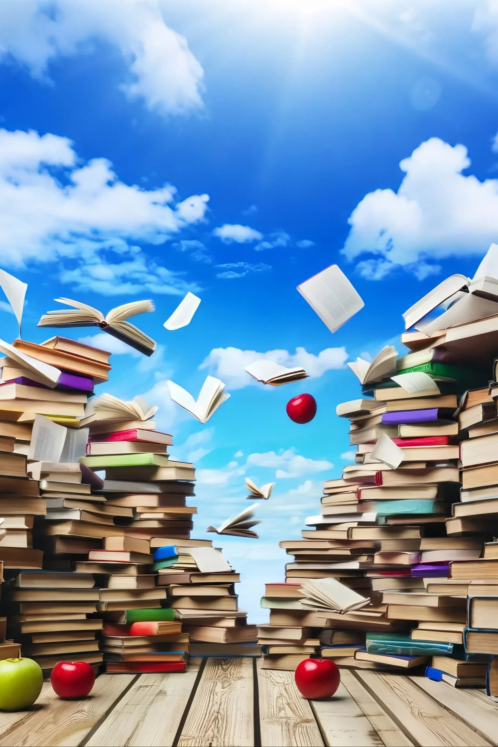 School Backdrop Sky Floating Books Apples Back To School Backdrop LXX59-215