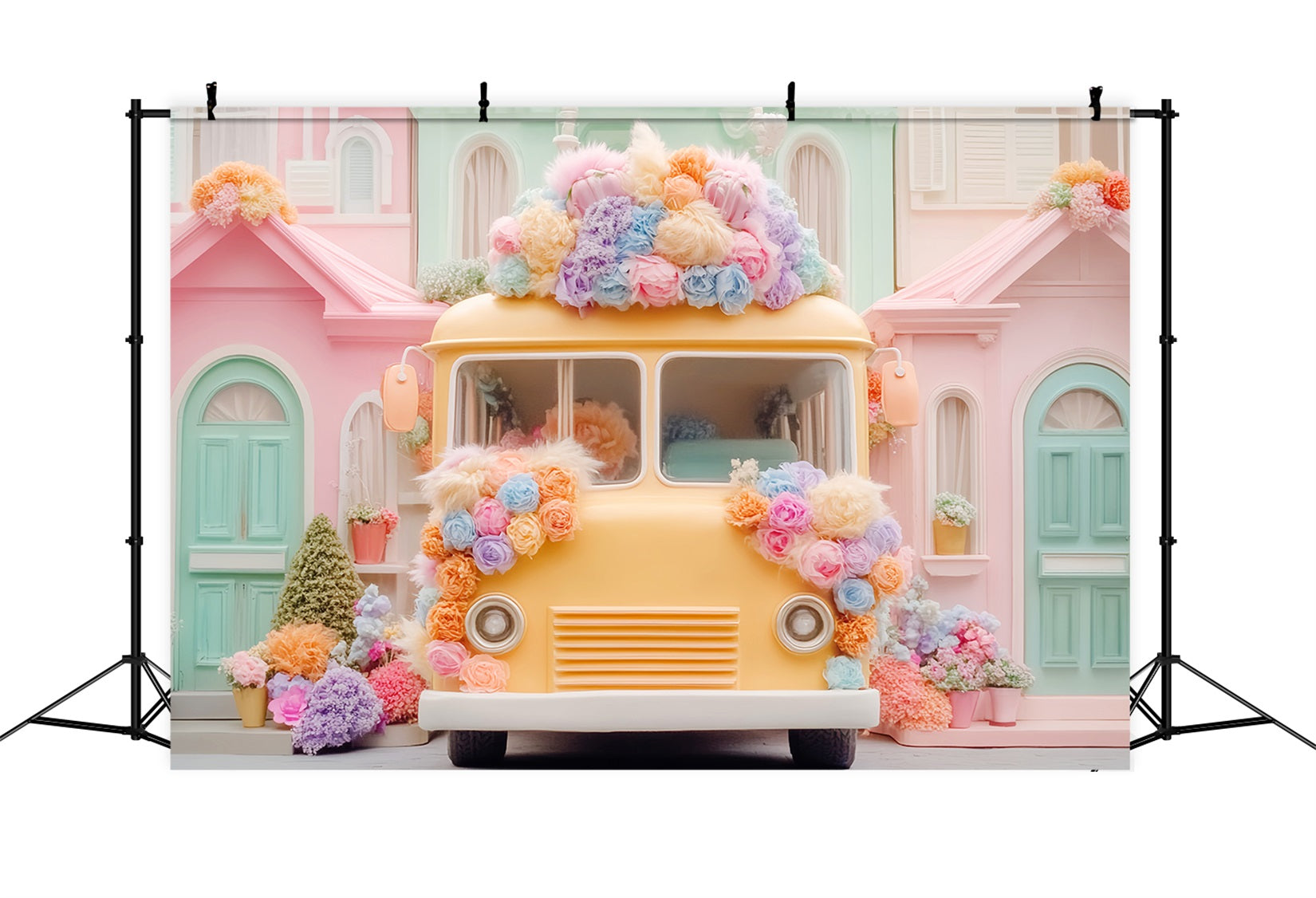 School Bus Backdrop Pastel School Bus Flowers Back To School Backdrops LXX59-220